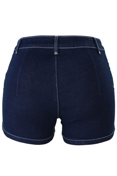 Stylish Navy Gather Waist Lace Up Front Zip Pocket Skinny Denim Shorts