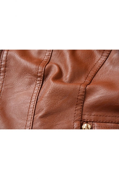 Stylish Plain High Neck Long Sleeve Detachable Hood Zip Front PU Hooded Short Jacket