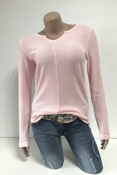 Stylish Plain Ribbed Knit V-Neck Long Sleeve Fitted Sweater for Women