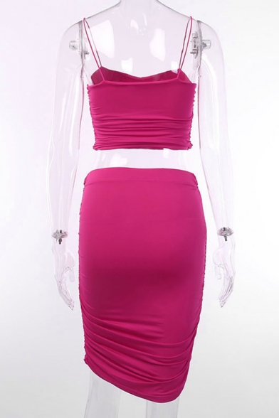 Stylish Sleeveless Straps Cropped Top with High Waist Ruch Mini Skirt Simple Plain Slinky Co-ords