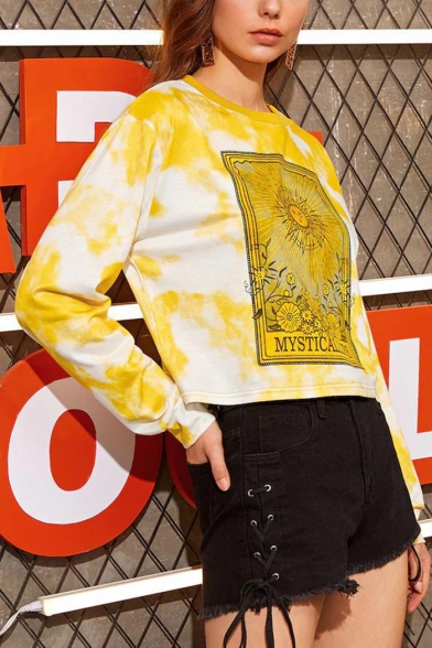 Stylish Yellow Cartoon Sun Letter Print Round Neck Long Sleeve Cropped Tie-Dyed Pullover Sweatshirt