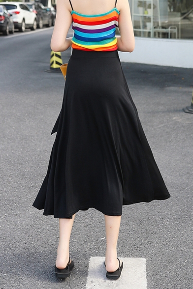 Summer Chic Fashion Plain High Waist Self-Tie Split Side Midi Modal Wrap Skirt