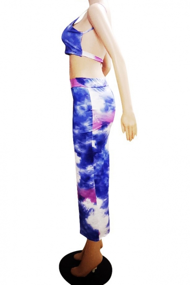 Summer Hot Stylish Straps Tee with High Waist Midi Skirt Tie Dye Colorblock Skinny Co-ords