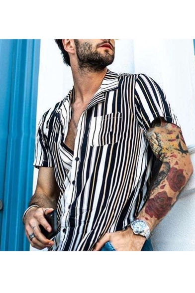 Summer Hot Trendy Lapel Collar Short Sleeve Striped Printed Pocket Embellished Mens Shirt