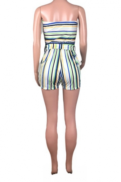 Summer Hot Trendy Strapless Sleeveless Striped Printed Tie Waist Sexy Bandeau Rompers