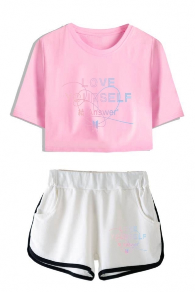 Summer's LOVE YOURSELF Letters Print Short Sleeve Crop Tee with Elastic Dolphin Shorts Co-ords