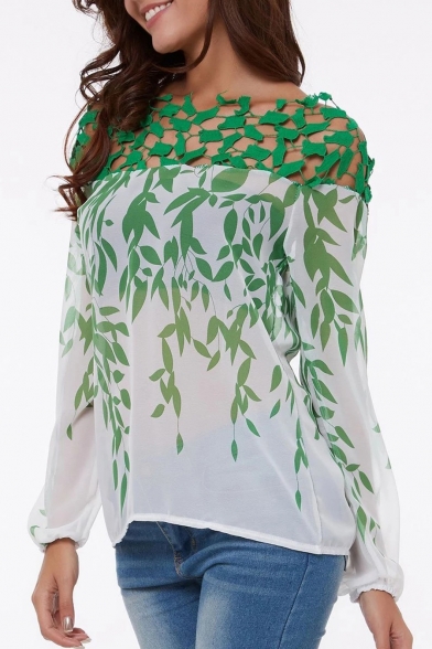 Summer Stylish Leaf Pattern Long Sleeve Casual Loose Green Blouse for Women