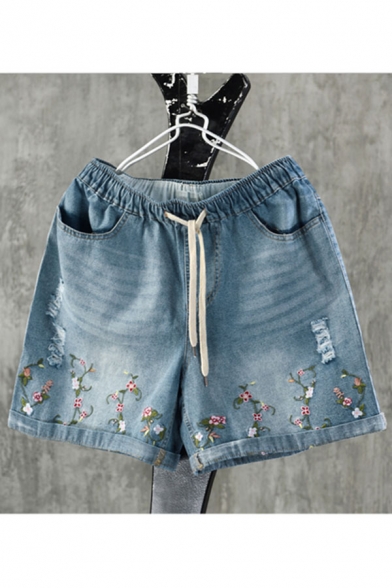 Summer Sweet Womens Floral Embroidered Drawstring Waist Distressed Wide Leg loose Denim Shorts