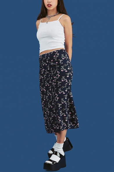Summer Trendy Chic Floral Printed Vintage Straight Midi Skirt