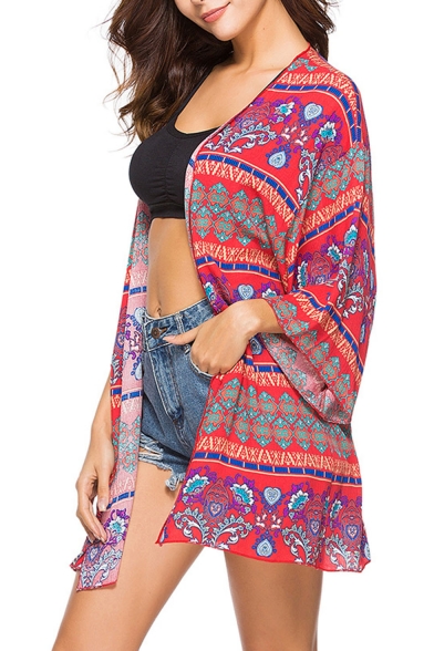 Summer Women's Red Tribal Pattern Beach Cover Up Kimono Blouse