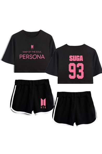 Trendy BTS Idol MAP OF THE SOUL PERSONA Letters Print Short Sleeve Midriff Crop Tee with Elastic Dolphin Shorts Co-ords