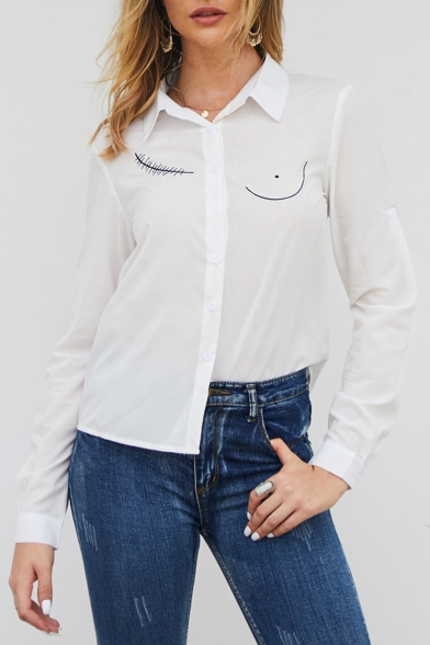 Trendy Fancy Cute Cartoon Eyelash Printed Long Sleeve Button Down Button White Shirt