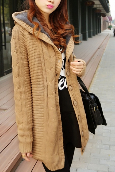 Trendy Plain Cable Knit Long Sleeve Hoodie Open Front Longline Cardigan with Fluff