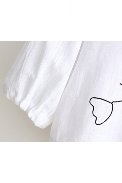 Trendy White Long Sleeve Button Down Cat Fishbone Printed Sunscreen Cotton Linen Cardigan Shirt