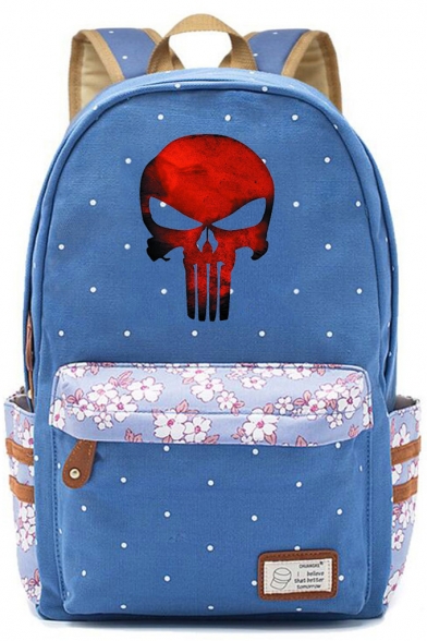 Unique Fashion Floral Comic Skull Logo Printed Students School Bag Backpack 30*42*14.5cm