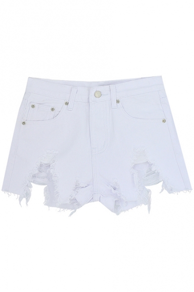 White New Trendy High Waist Distressed Washed Asymmetric Fringe Hem Sexy Club Denim Shorts