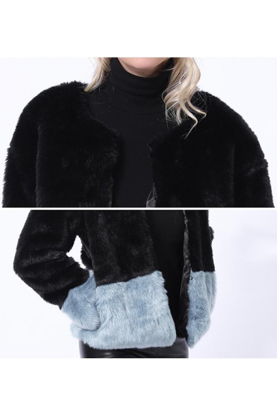 Winter Crewneck Collar Open Front Colorblocked Faux Rabbit Fur Jacket Coat