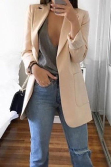 Women's Elegant Lapel Collar Open Front Long Blazer with Pocket
