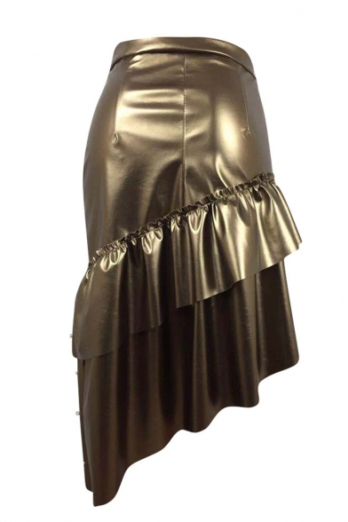 Womens Chic Fancy Beading Embellished Midi Asymmetrical Bodycon Ruffled Skirt