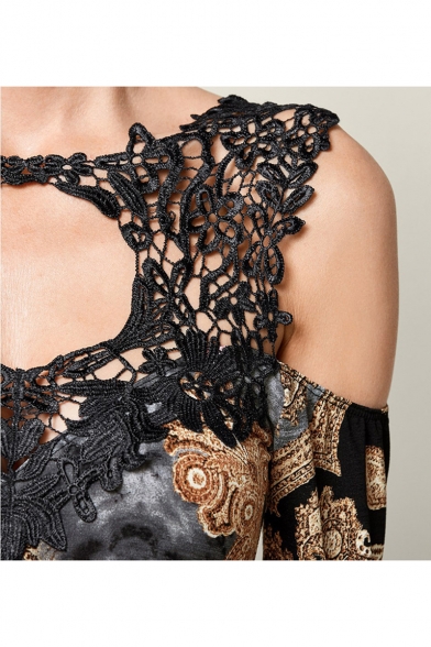 Womens Chic Floral Print Round Neck Long Sleeve Cutout Detail Irregular Black Tunic T-Shirt