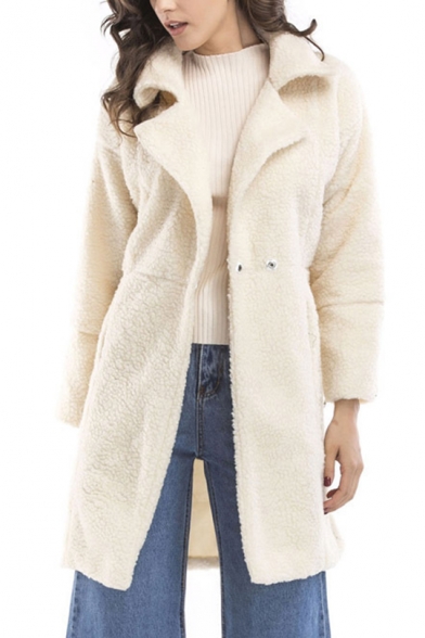 Womens Classic Fashion Notched Lapel Collar Long Sleeve Faux Fur Teddy Overcoat