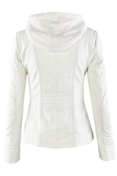 Womens Classic Fashion Simple Plain Long Sleeve Detachable Hooded Zip Up PU Leather Jacket Coat