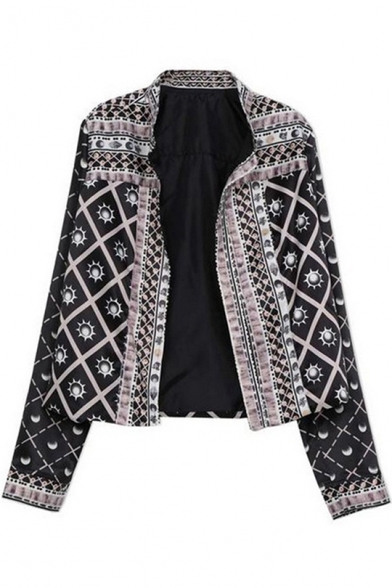 Womens Cool Punk Style Tribal Printed Stand Up Collar Long Sleeve Jacket
