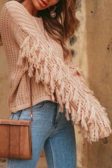 Womens Fashion Plain Round Neck Tassel Hem Drop Sleeve Ribbed Knit Sweater