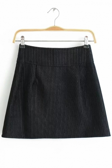 Womens High Waist Pocket Patch Zip Front Fitted Mini A-Line Corduroy Skirt