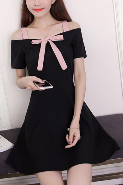 

Womens New Fashion Boat Neck Short Sleeve Bow Plain Cami A-Line Mini Dress, Black;pink-red, LM557824