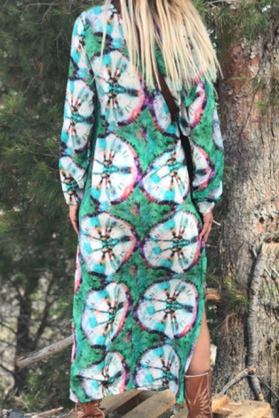 Womens New Fashion V-Neck Long Sleeve Floral Print Slit Loose Shift Maxi Dress