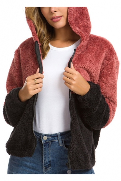 Womens New Trendy Color Block Two-Tone Long Sleeve Hooded Shearling Fluffy Fleece Zip Up Coat