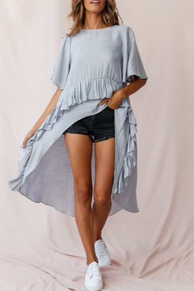 Womens New Trendy Plain Round Neck Short Sleeve Ruffle Detail Asymmetrical Longline T-Shirt
