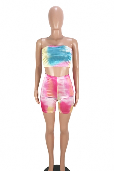 Womens Pub Styles Ombre Strapless Top High-Waist Skinny Bermuda Shorts Two-Piece Set