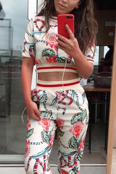 Womens Summer Fashion Floral Snake Printed Short Sleeve Crop Tee with Pants Two-Piece Set