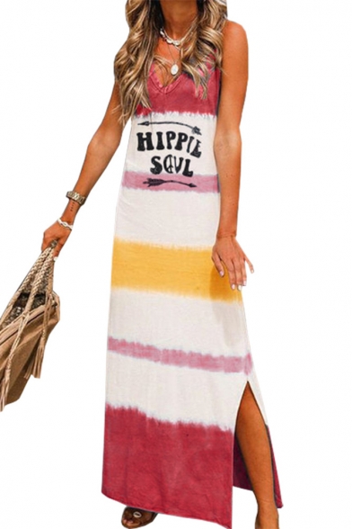 Womens Summer V-Neck Sleeveless Letter HIPPIE SOUL Color Block Slit Sheath Shift Maxi Tank Dress