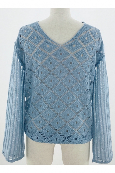 Womens Trendy Blue Plain Pierced Knit V-Neck Long Sleeve Sweater