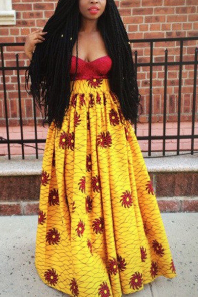 Womens Trendy Ethnic Style African Tribal Floral Print Maxi Swing Skirt