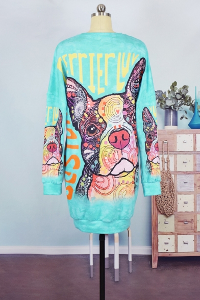 3D Lovely Pug Dog Letter Printed Round Neck Long Sleeve Long Pullover Sweatshirt