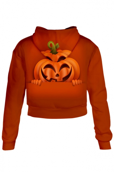 3D Pumpkin Printed Long Sleeve Halloween Series Drawstring Cropped Hoodie