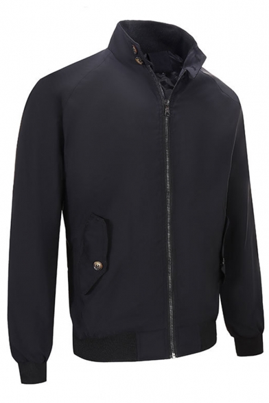Basic Simple British Style Plain High Neck Long Sleeve Zip Up Leisure Jacket