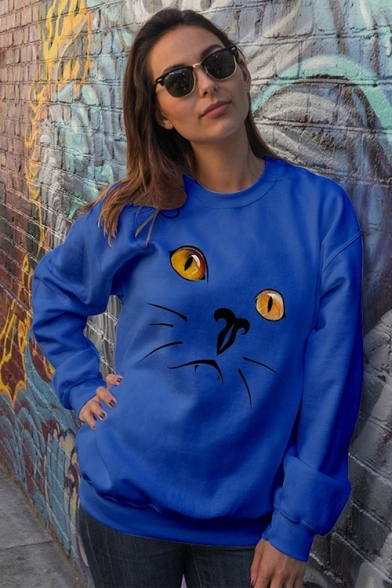 Cat Printed Long Sleeve Round Neck Casual Leisure Pullover Sweatshirt