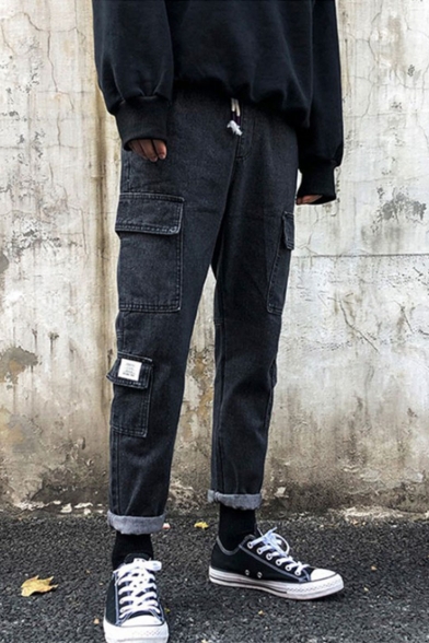 Chic Fashion Simple Plain Black Drawstring Waist Multi-pocket Cargo Pants Casual Jeans for Men