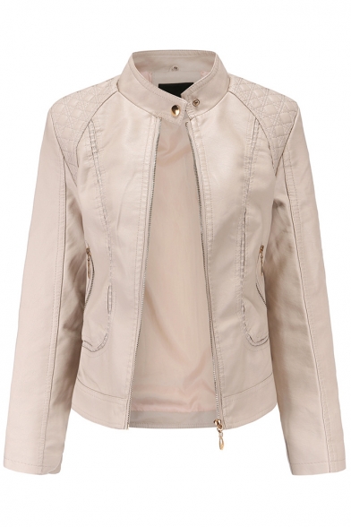 Chic Trendy Simple Plain Stand Collar Long Sleeve Zip Front Cropped PU Jacket for Office Lady