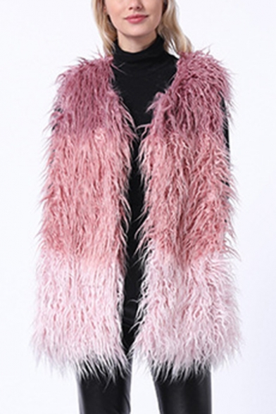Chic V Neck Contrast Panel Long Fox Fur Vest Coat with Pockets