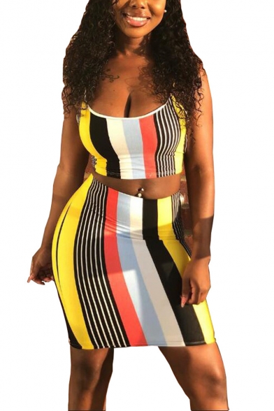 Classic Colorful Stripe Printed Crop Slim Cami Top with Mini Bodycon Skirt Two-Piece Set