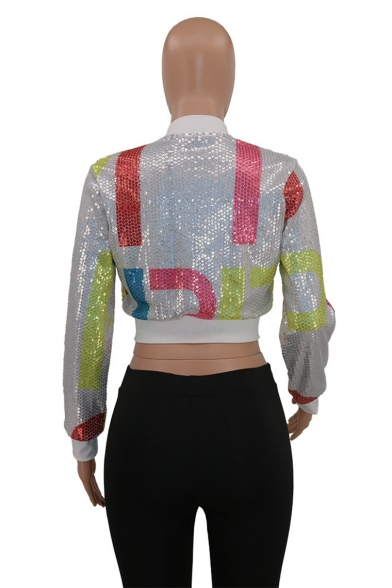 Colorful Geometric Pattern Printed Sequined Trim Long Sleeve Fitted Zip Up Cropped Jacket