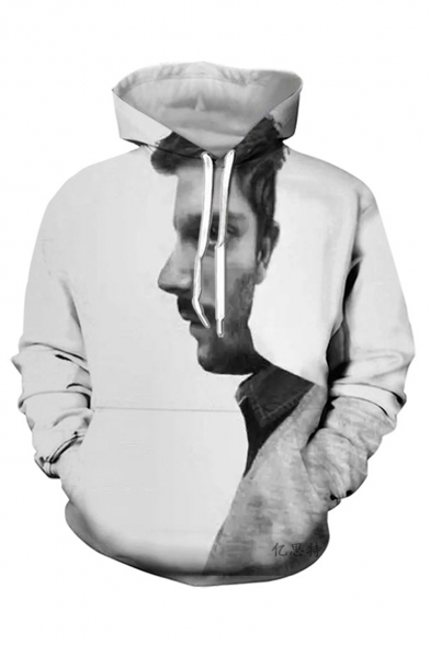 Creative Fashion Front and Side Face 3D Printed White Loose Fit Long Sleeve Pullover Hoodie