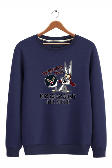 Cute Cartoon Rabbit WELCOMES YOU Letter Printed Round Neck Long Sleeve Pullover Sweatshirts