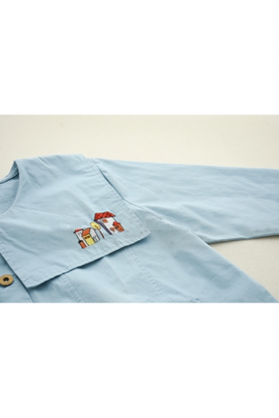 Cute Embroidery Cartoon Pattern Print Navy Collar Single-Breasted Blue Loose Jacket Coat